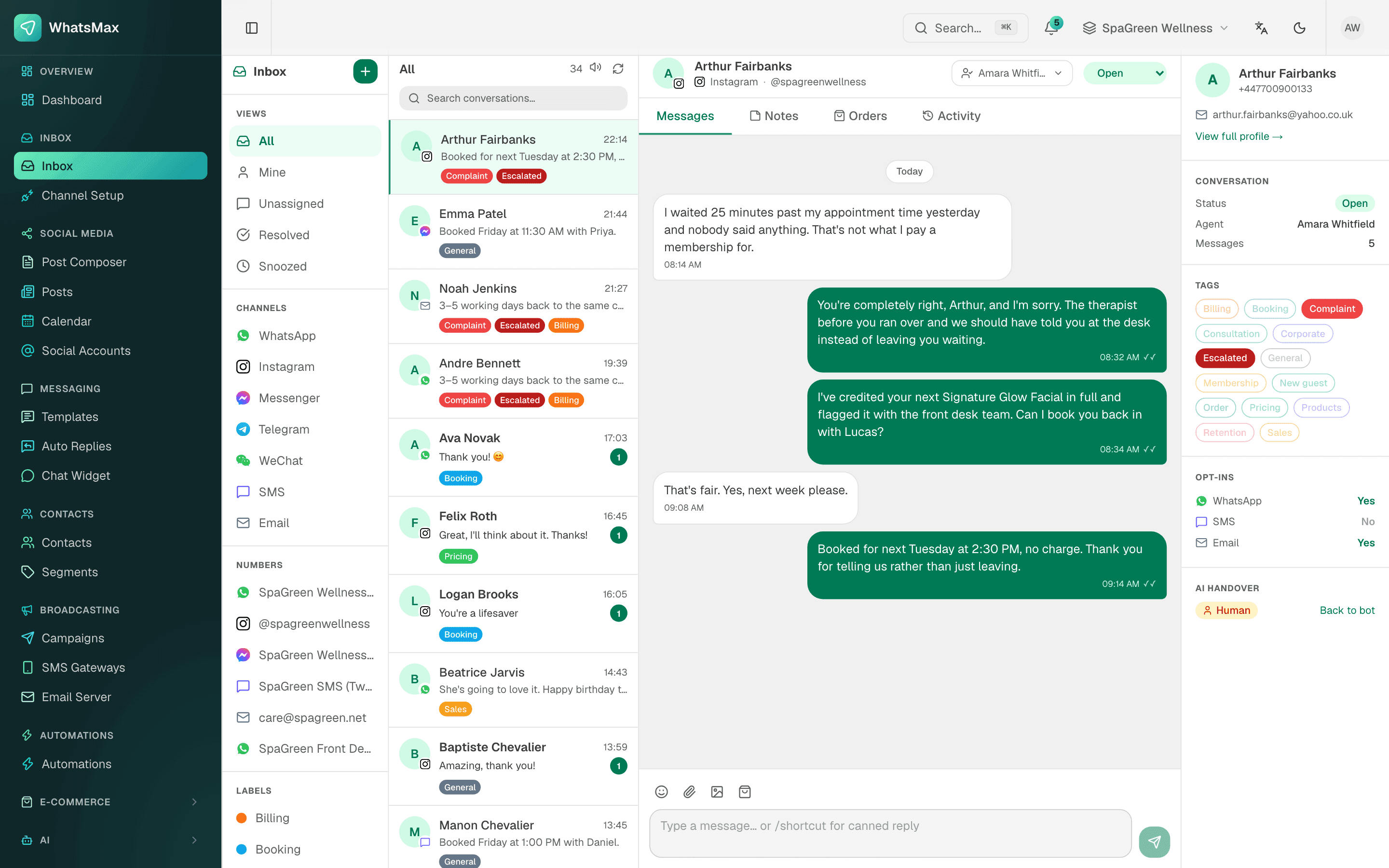 The shared team inbox, with conversations from every connected channel
